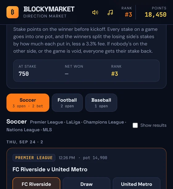 BlockyMarket's sports screen with this week's soccer and football games, pools for each side, and a pick already placed.